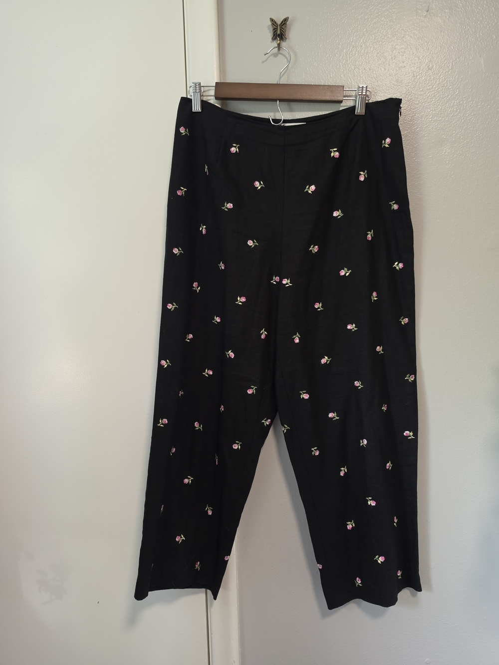 Linen Blend Size 10 Black Rose Embroidered Wide Leg Pants By Dressbarn